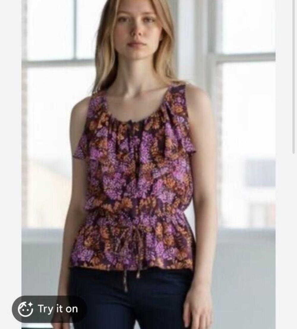 Anthropologie Lil Floral Purple Silk Sleeveless Blouse Size 2